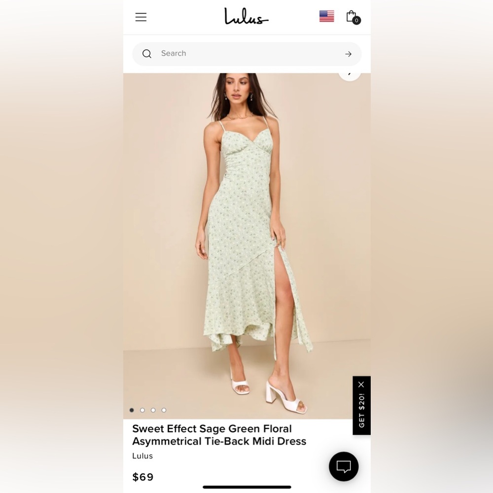 NWT Lulus Sweet Effect Sage Green Floral Asymmetrical Tie-Back Midi Dress Size M